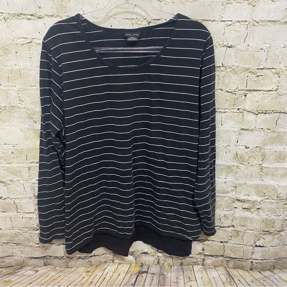 City Chic Black White Striped Long Sleeve Shirttail Top